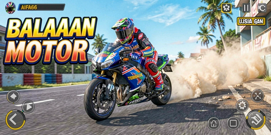 Screenshot gameplay AIFA66 menampilkan balapan motor yang mendebarkan.