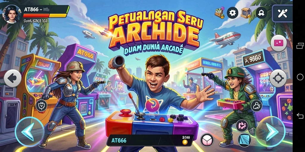 Tampilan gameplay seru AT866 dalam dunia arcade penuh warna.