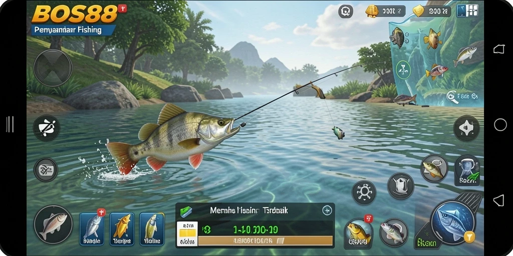 Screenshot utama BOS88 menampilkan pemain menangkap ikan dengan gembira.