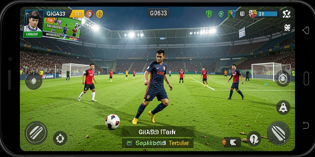 Screenshot gameplay GIGA33 yang menampilkan aksi sepak bola seru.