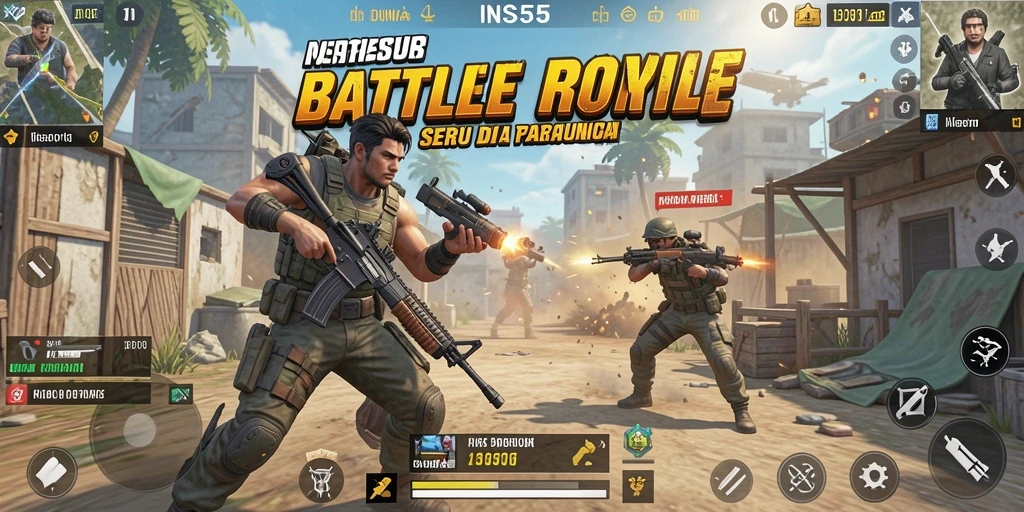 Screenshot INS55 menampilkan pertarungan seru di arena Battle Royale.