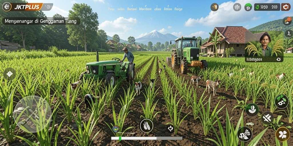 Screenshot gameplay <strong>JKTPLUS</strong> menunjukkan kebun yang indah dan tanaman subur.
