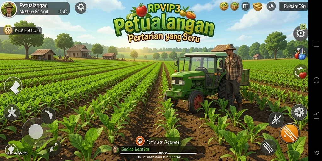 Tampilan gameplay RPVIP3 yang menampilkan pertanian yang berwarna-warni.